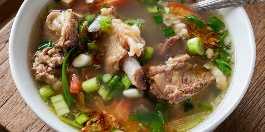 Soup iga sapi MamCheck — kuah kaldu bening dengan iga empuk, tomat, daun bawang, dan bawang goreng, disajikan dengan sambal dan jeruk nipis
