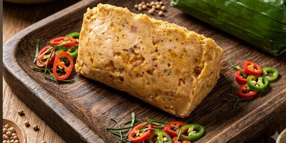 Tum ayam Bali — ayam cincang berbumbu dibungkus daun pisang, disajikan dengan irisan cabai dan daun jeruk di atas talenan kayu